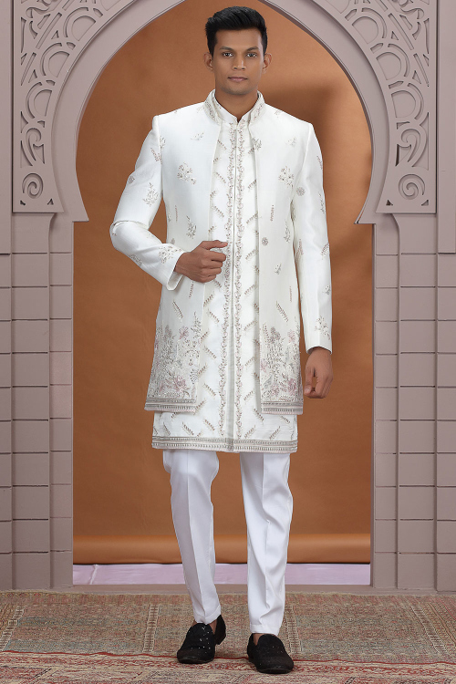 Off White Art Silk Embroidered Men's Sherwani For Wedding