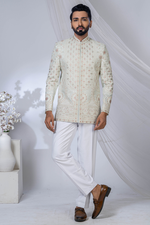 Off White Art Silk Jodhpuri Style Men's Sherwani With Sequins Work