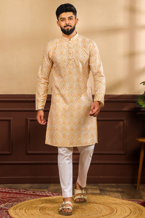 Off White Art Silk Men's Kurta Pajama With Printed Work