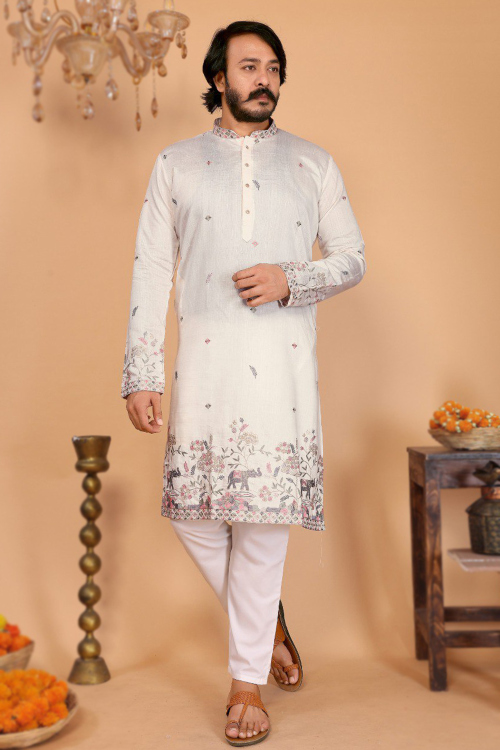 Off White Art Silk Men's Kurta Pajama With Sequins Work For Festival