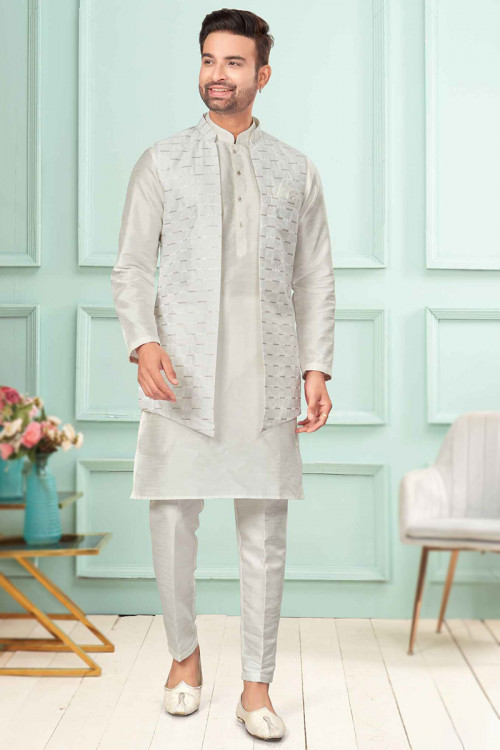 Off-White Art Silk Men's Plain Kurta Pajama With Jacket Style 
