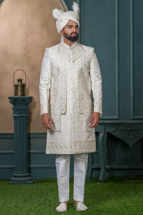 Off White Art Silk Men's Sherwani With Sequins Work For Wedding