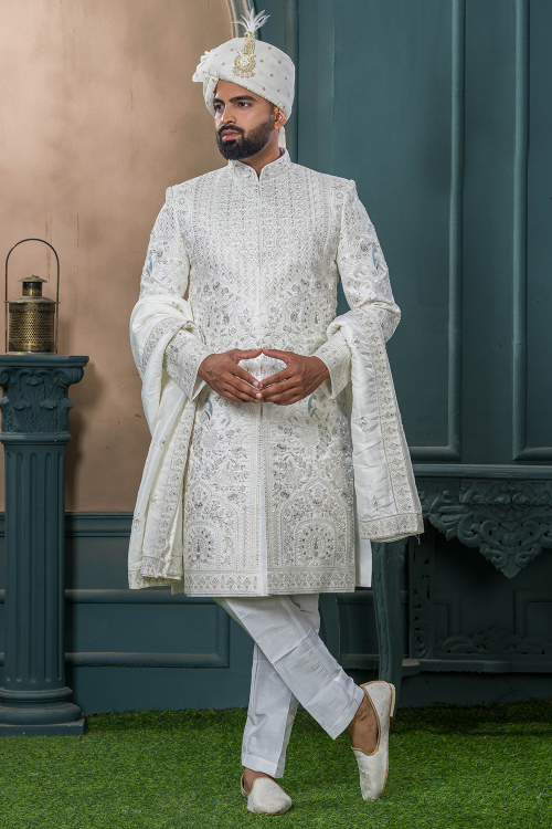 Off White Art Silk Men's Sherwani With Stone Work For Wedding