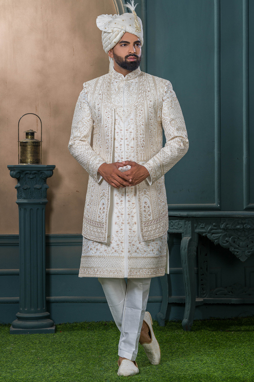 Off White Art Silk Men's Sherwani With Zari Work For Wedding