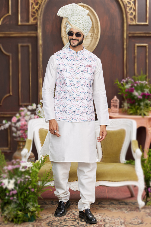 Ivory Art Silk Printed Jacket Men's Kurta With Churidar 
