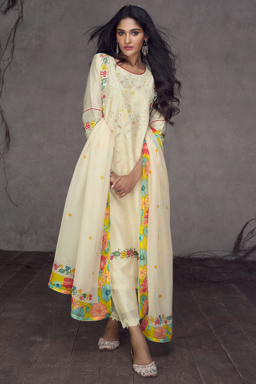 Off White Art Silk Resham Thread Straight Cut Trouser Suit