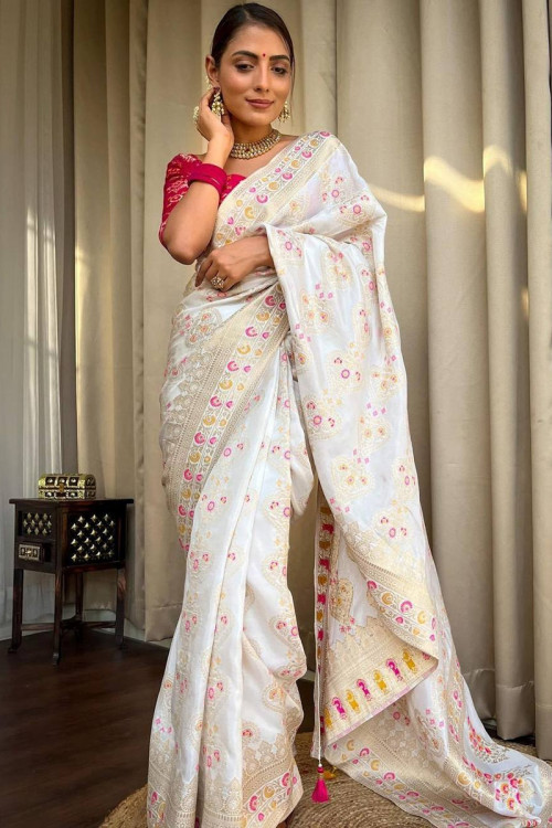 Off White Banarasi Silk Thread Weaved Traditional Saree 