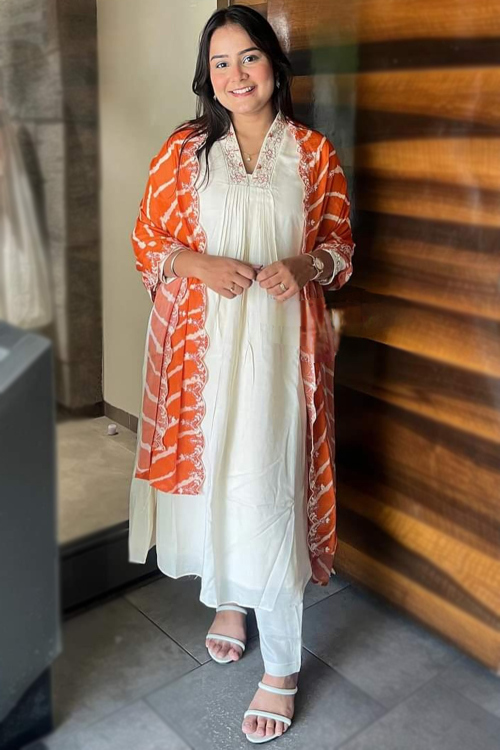 Off-White Chanderi Embroidered Ready Made Trouser Suit