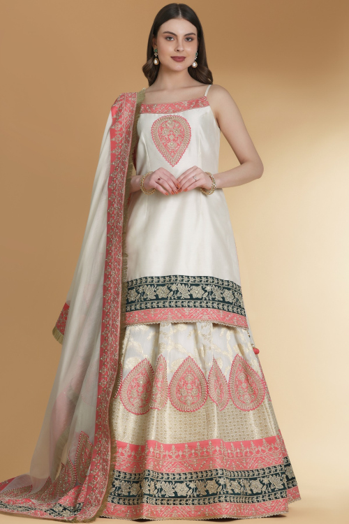 Off White Chanderi Silk A Line Lehenga With Dori Work For Festival