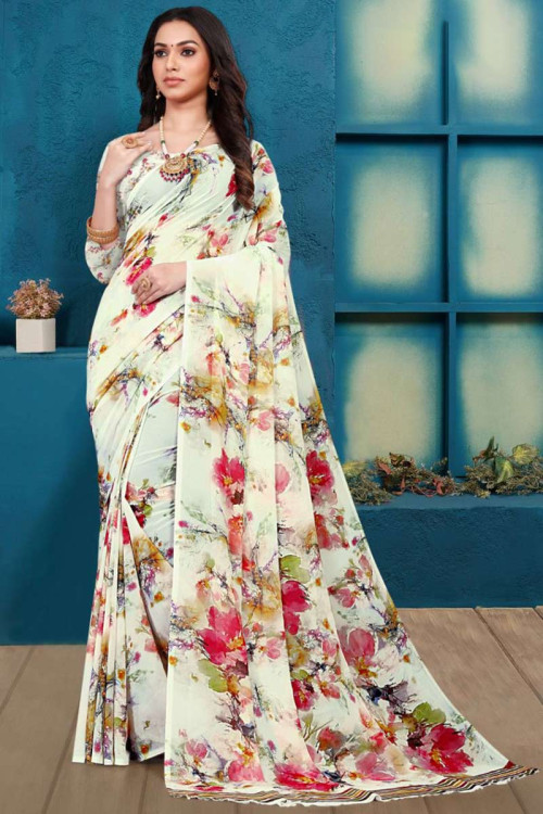 Chiffon Off White Casual Wear Saree with Printed