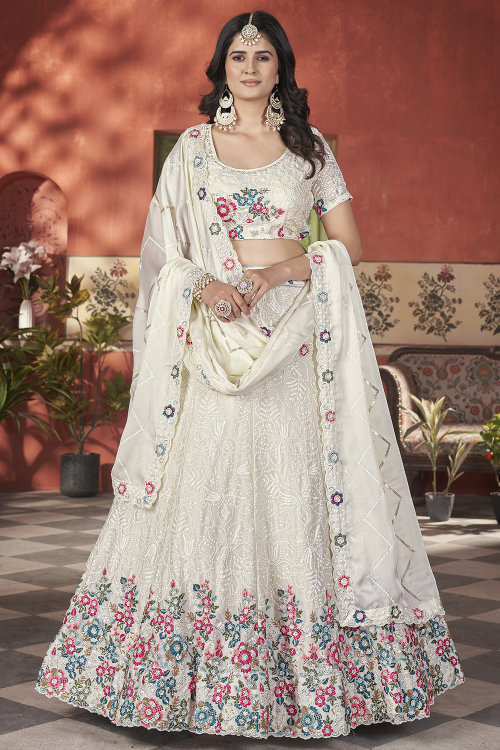 Off White Chinnon Embroidered Panelled Style Lehenga