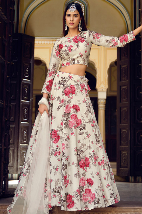Off White Chinnon Floral Print A-Line Style Lehenga 