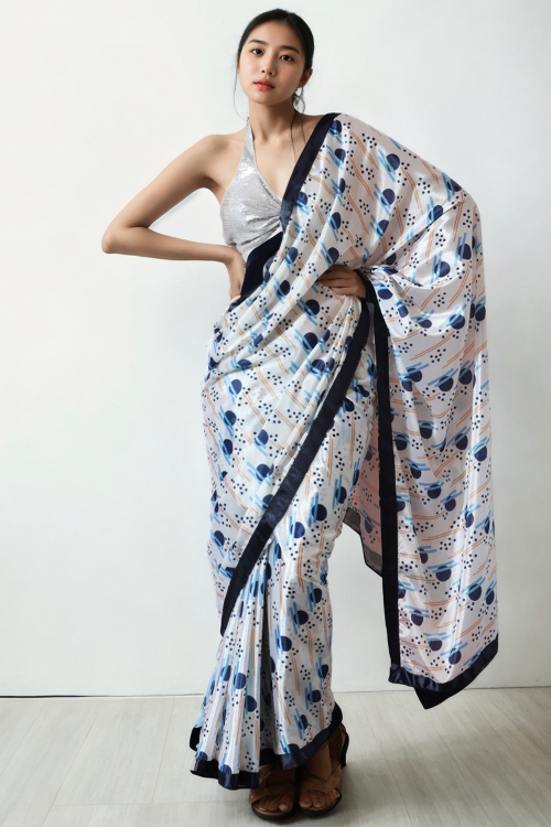 Off White Chinnon Ready Made Pre Stitched Saree With Printed Work
