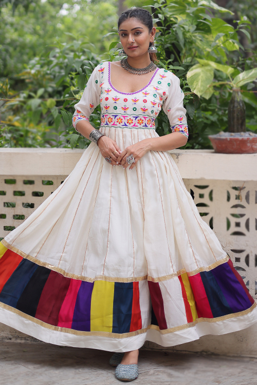 Off White Cotton Anarkali Gown With Mirror Work For Festival