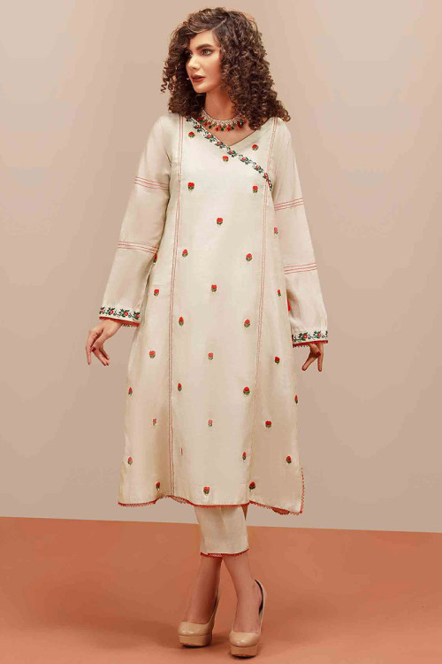 Off White Cotton Angrakha Style Trouser Suit