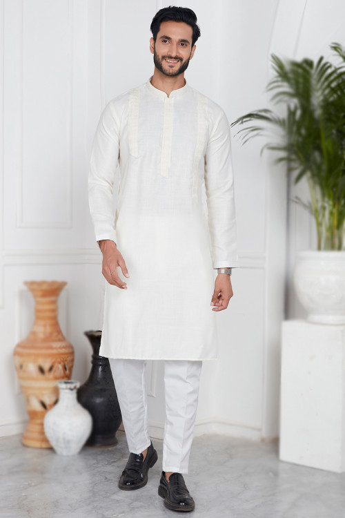 Off White Cotton Casual Wear Straight Cut Men's Kurta Pajama 