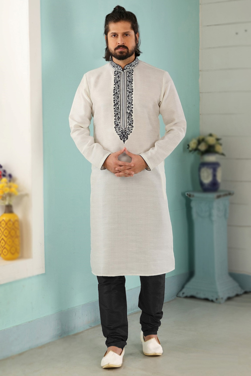 Off White Cotton Embroidered men's Kurta with Churidar