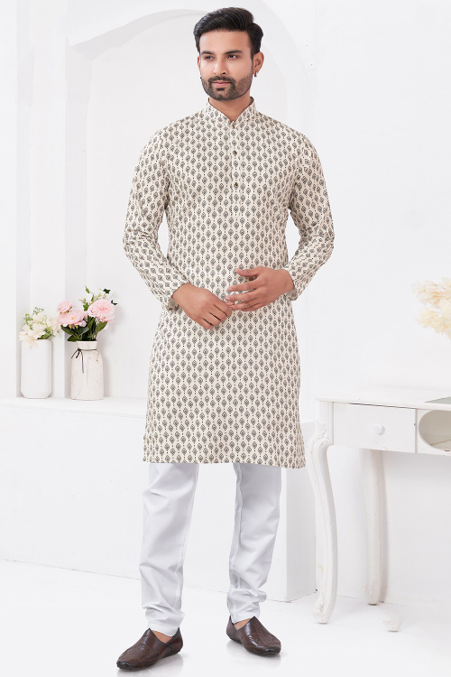 Off White Cotton Embroidered Straight Cut Men's Kurta Pajama 