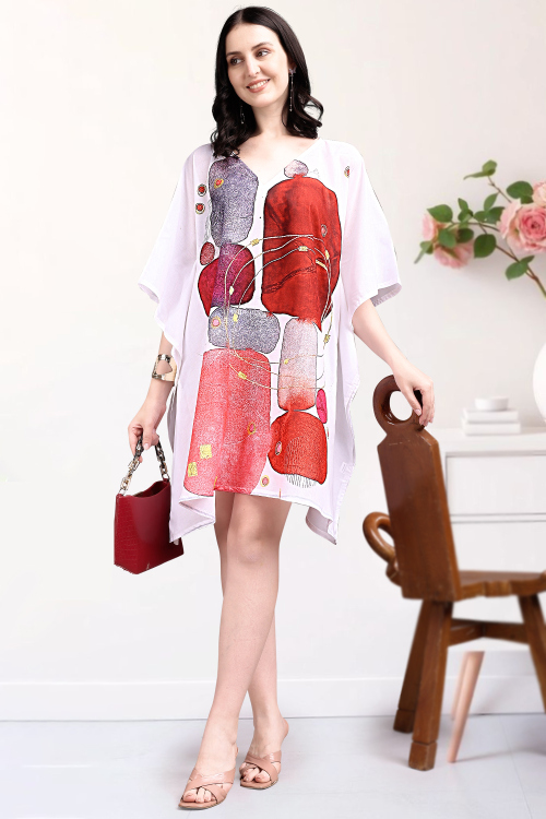 Off White Cotton Kaftan With Printed Work For Casual Wear
