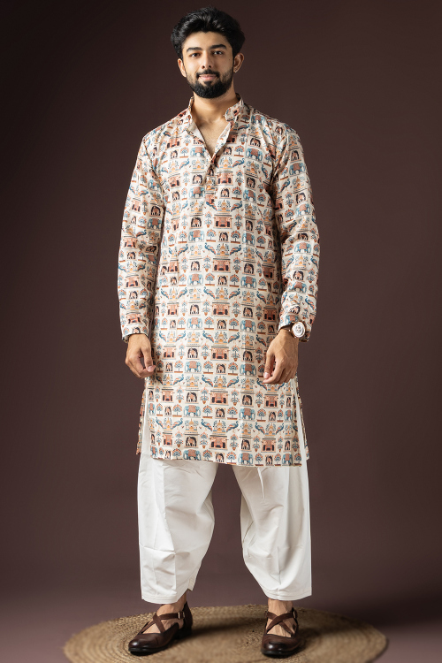 Off White Cotton Men's Kurta Pajama With Printed Work