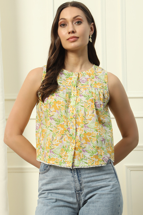 Off White Cotton Printed Short Ready Made Kurti