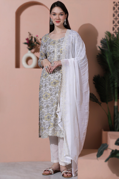 Off White Cotton Printed Straight Cut Casual Wear Suit 
