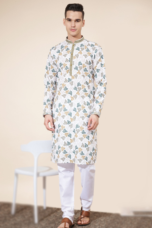 Off White Cotton Printed Straight Cut Men's Kurta Pajama 
