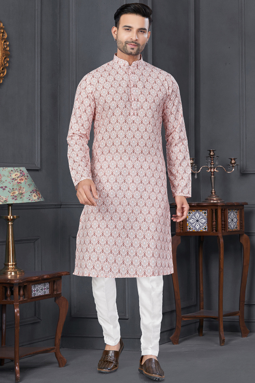 Off White Cotton Printed Straight Cut Men's Kurta Pajama