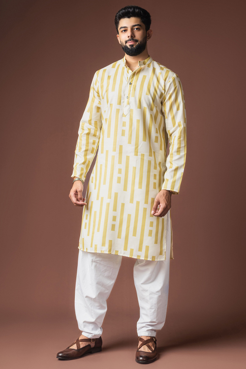 Off White Cotton Printed Straight Cut Men's Kurta Pajama