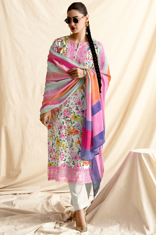 Off White Cotton Printed Straight Cut Trouser Suit 
