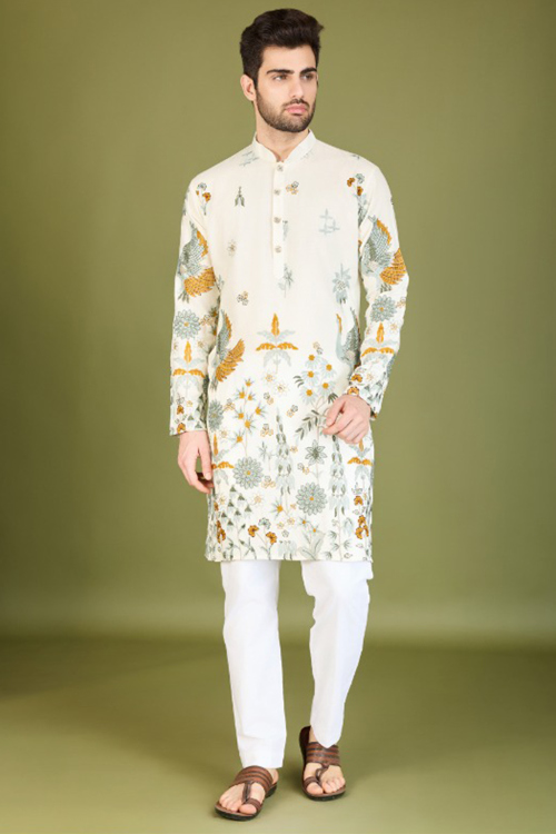 Off White Cotton Rayon Embroidered Straight Cut Men's Kurta
