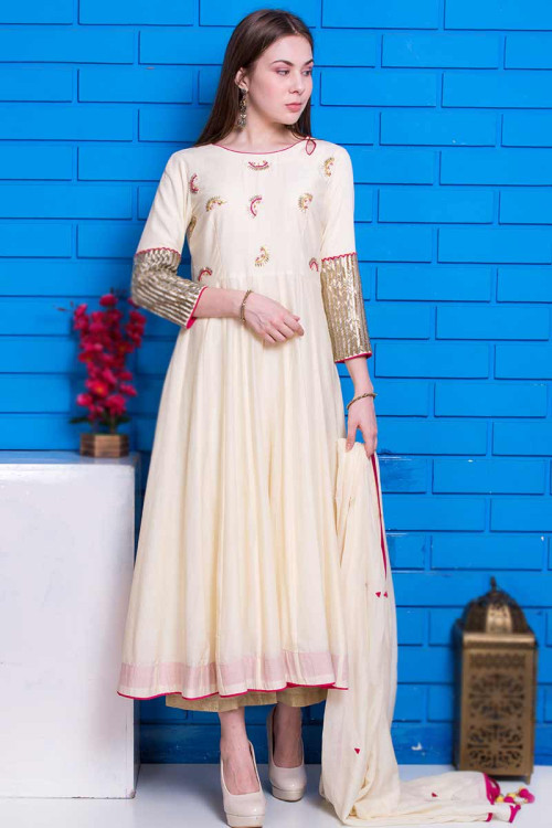 Off White Cotton Silk Embroidered Anarkali Suit With Cutdana Work