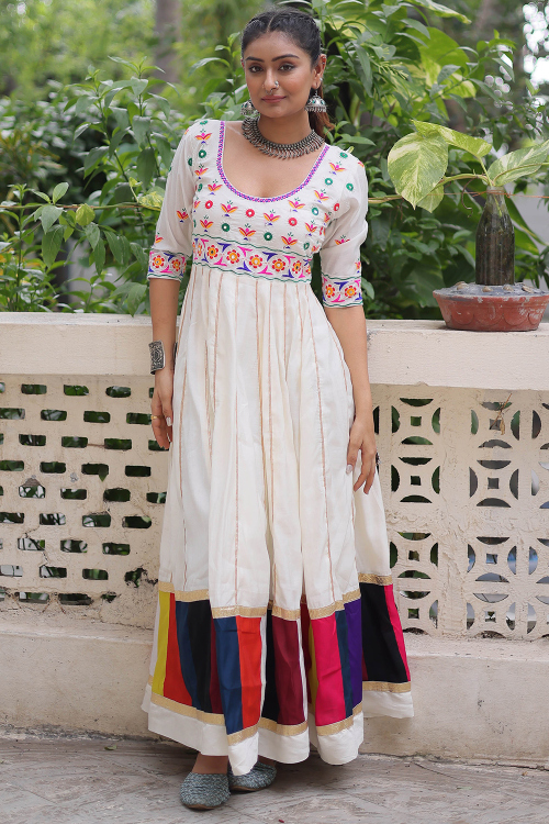 Off White Cotton Silk Gown With Mirror Work For Festival