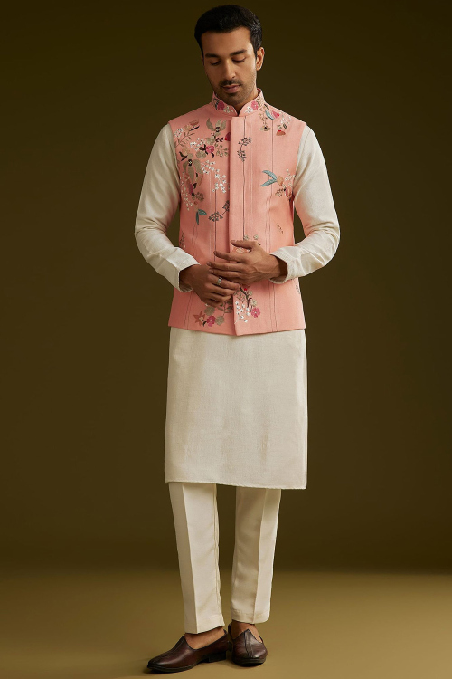 Off White Cotton Silk Men's Kurta Pajama With Embroidered Jacket