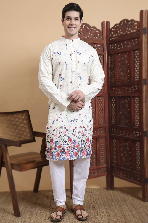 Off White Cotton Silk Men's Kurta Pajama With Printed Work