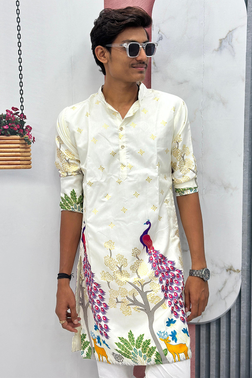 Off White Cotton Silk Printed Men's Kurta