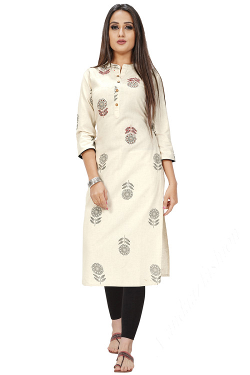 Party Wear Printed Kurti in Cotton Off White