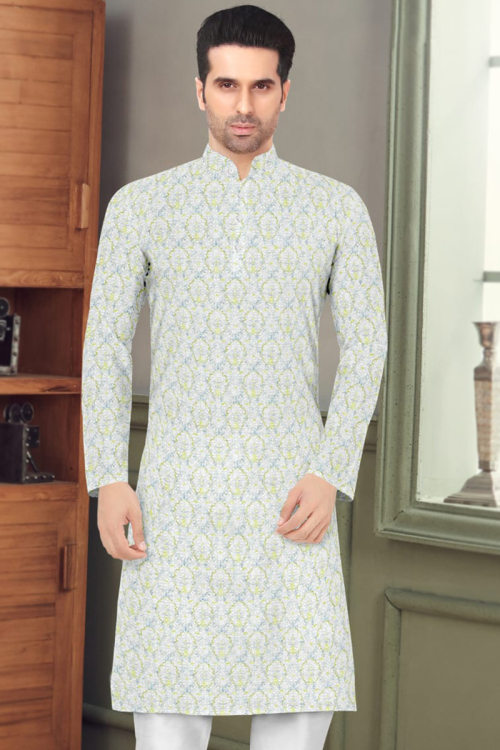 Straight Cut Men Kurta Pajama in Cotton Off White for Party 