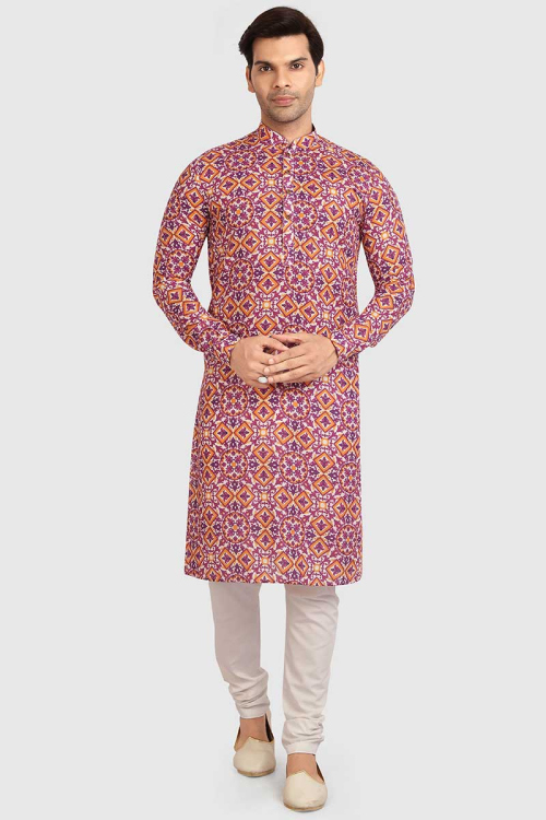 Off White Cotton Men Kurta Pajama for Party Wear with Printed