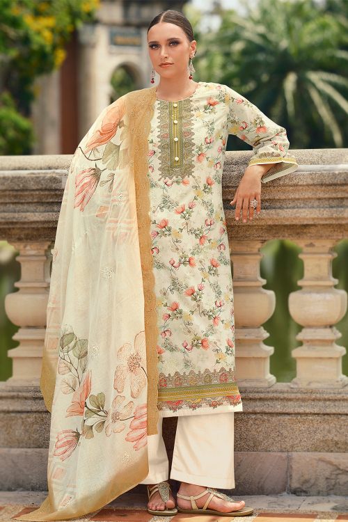 Off White Cotton Straight Pants Suit With Printed For Festival