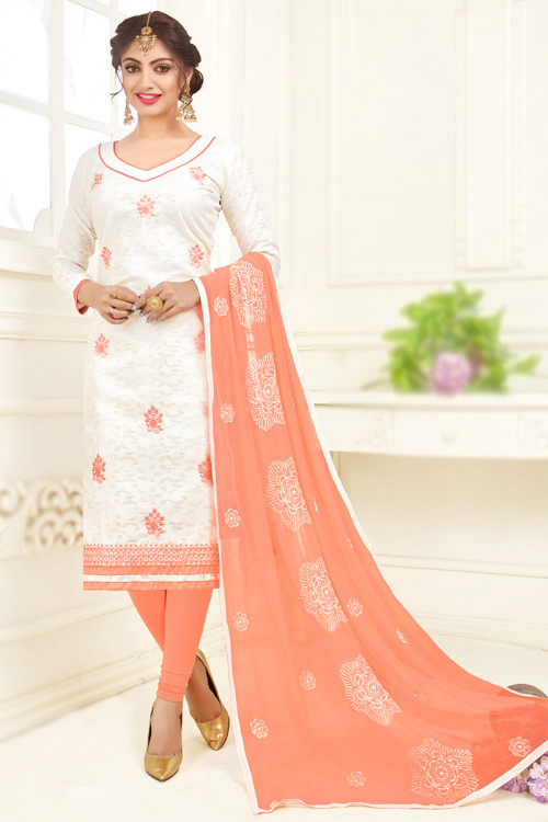 Off White Cotton Weaved Casual Wear Churidar Suit 