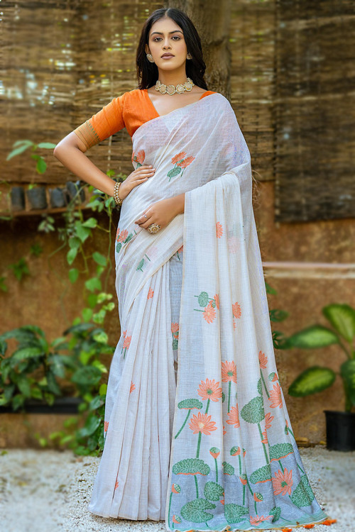 Off White Cotton Weaved Thread Casual Wear Saree