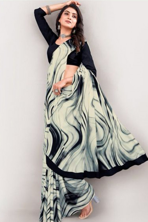 Off White Crepe Printed Casual Wear Saree