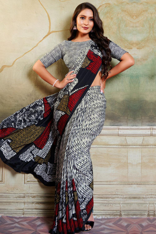 Off White Crepe Saree With Printed Work For Casual Wear