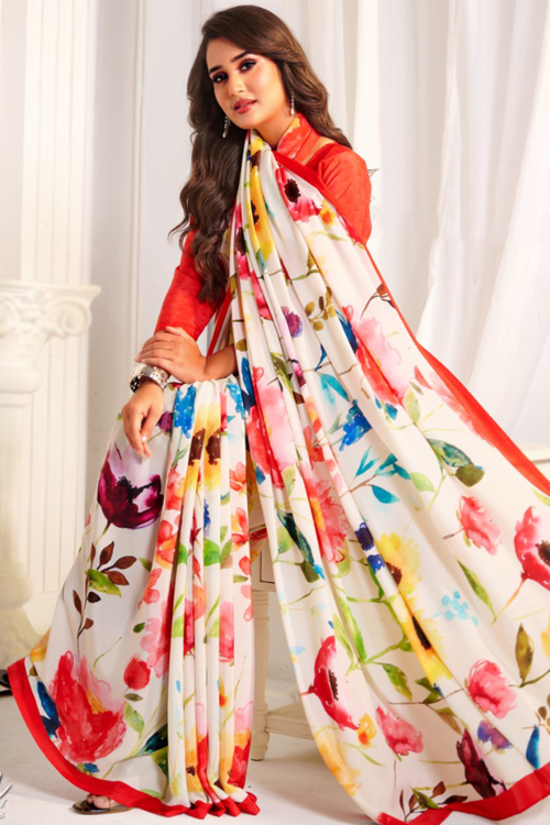 Off White Crepe Saree With Printed Work For Casual Wear