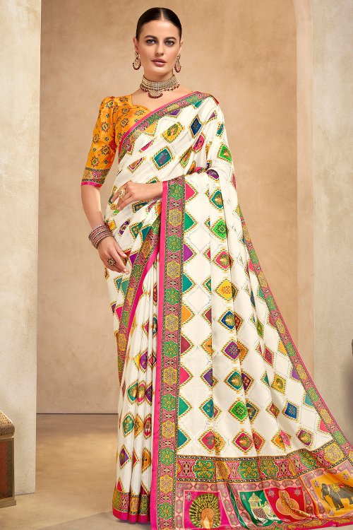 Off White Crepe Saree With Printed Work For Festival
