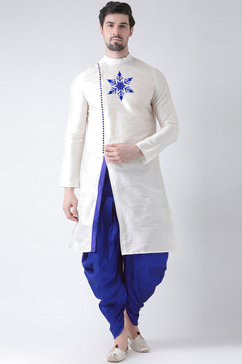 Off White Dupion Silk Embroidered Angrakha Style Men's Kurta With Dhoti