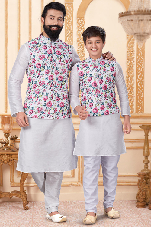 Off White Dupion Silk Father & Son Men Jacket Style Kurta Churidar