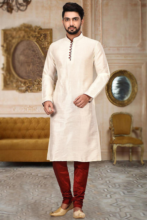 Ivory Dupion Silk Men's Churidar Kurta 
