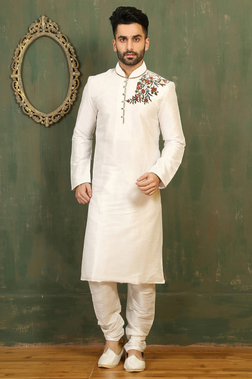Off White Dupion Silk Men's Kurta Churidar With Dori Work